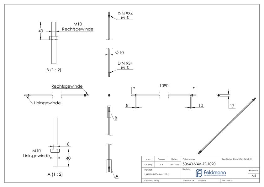Zugstange zu Vordachsystem mit L: 1090mm, V4A
