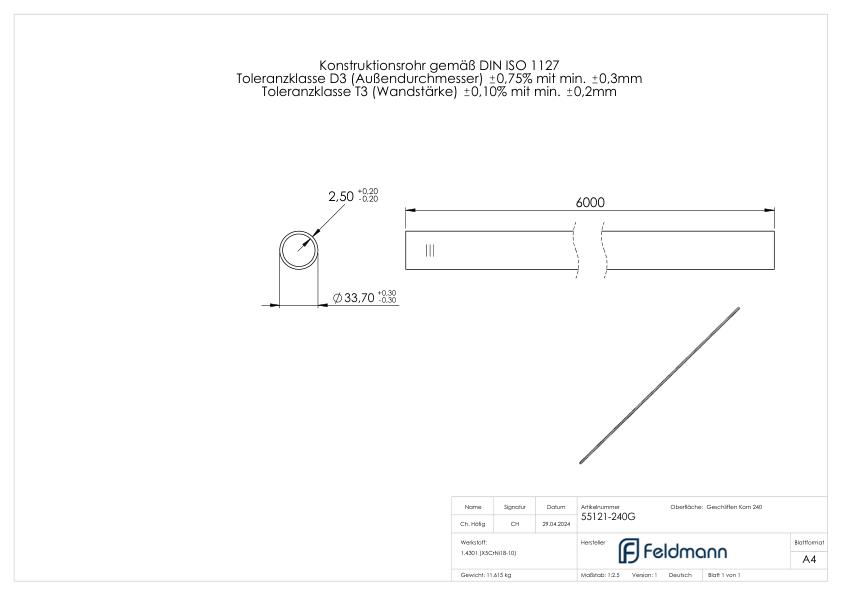 Edelstahlrohr geglüht, 33,7 x 2,5mm, Länge: 6000mm