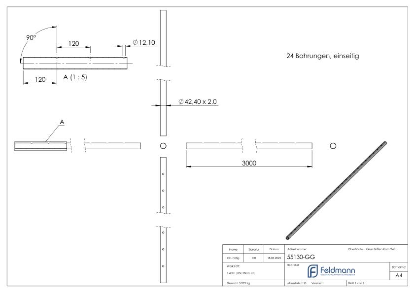 Edelstahlrohr ger. gelocht, 42,4x2,0mm, L: 3000mm, V2A