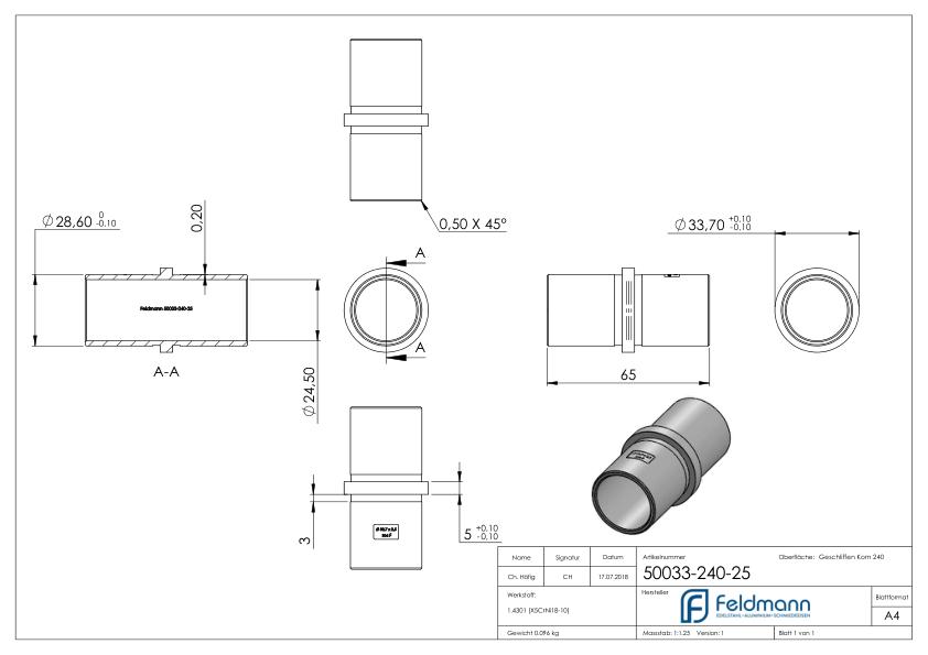 Verbindungsstück für Rohr 33,7x2,5mm, V2A