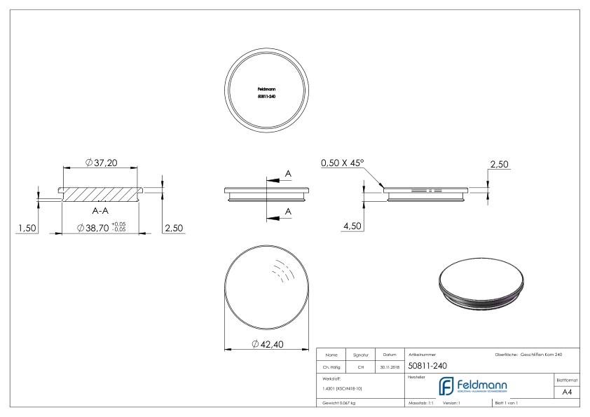 Rohrabschlussstopfen, für Rohr 42,4x2,0mm, V2A