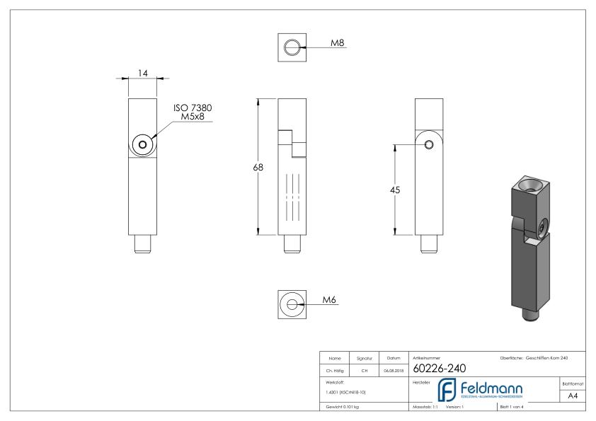 Gelenkstift aus 14x14mm, L: 68mm, V2A