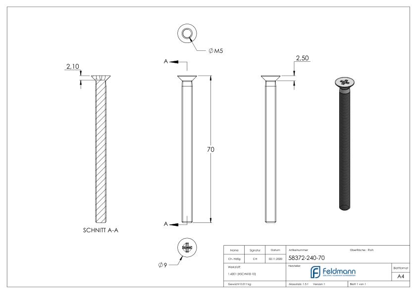 Senkkopfschraube M5x70, V2A DIN 965 Senkkopfschraube M5x70, V2A DIN 965