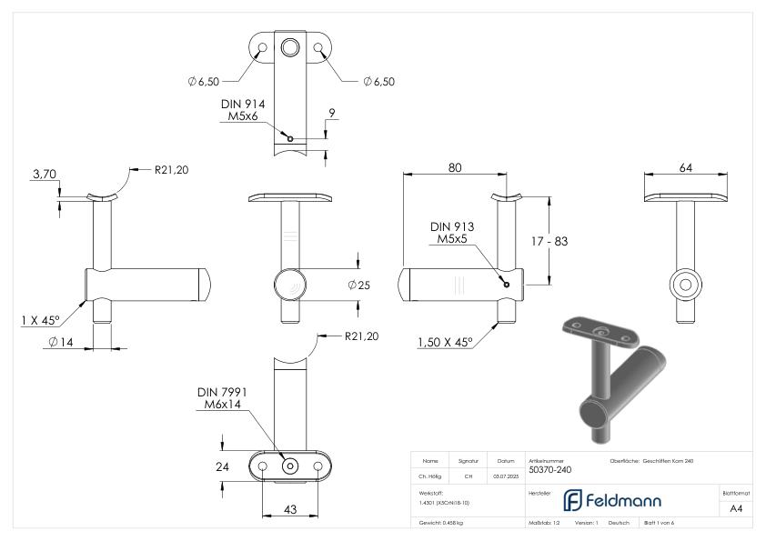 Handlaufhalter mit Handlaufanschlussplatte42,4mm, V2A