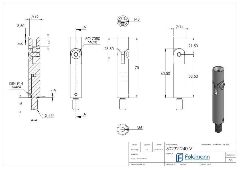 Gelenkstift Ø 14mm, L: 76mm, V2A