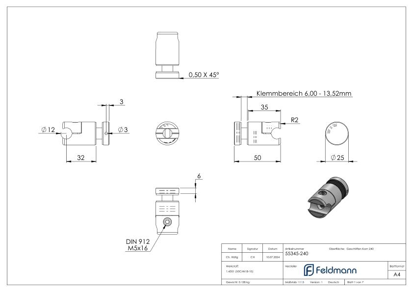 Klemmhalter mit Querstab-Glashalter Ø 25mm, zur nachträglichen Montage, V2A