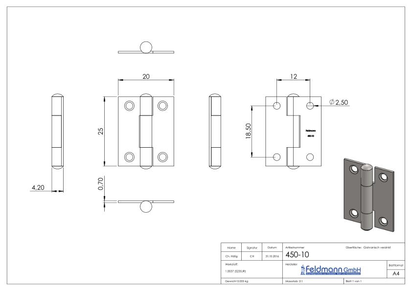 Scharnier 25x20mm mit festem Zapfen