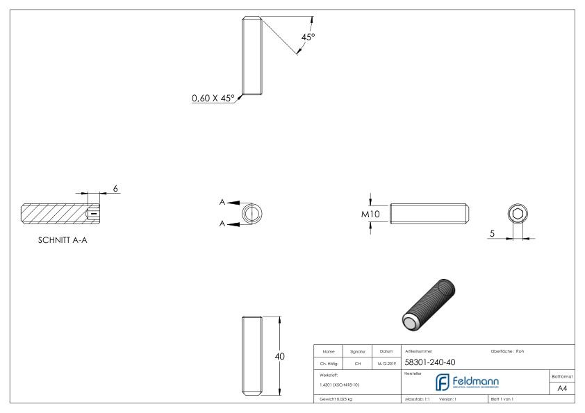 Gewindestift M10x40, V2A, DIN 913 / ISO 4026