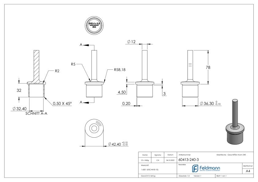 Rohrabschlussstopfen mit Stift Ø 12mm für Rohr 42,4x3,0mm, V2A