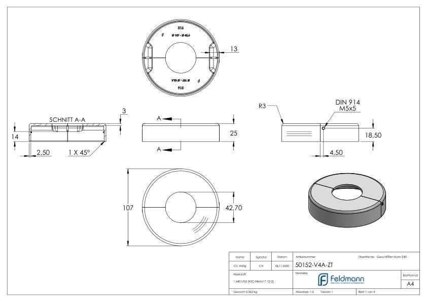 Abdeckrosette 105x25mm, Bohrung 43mm, zweiteilig, V4A