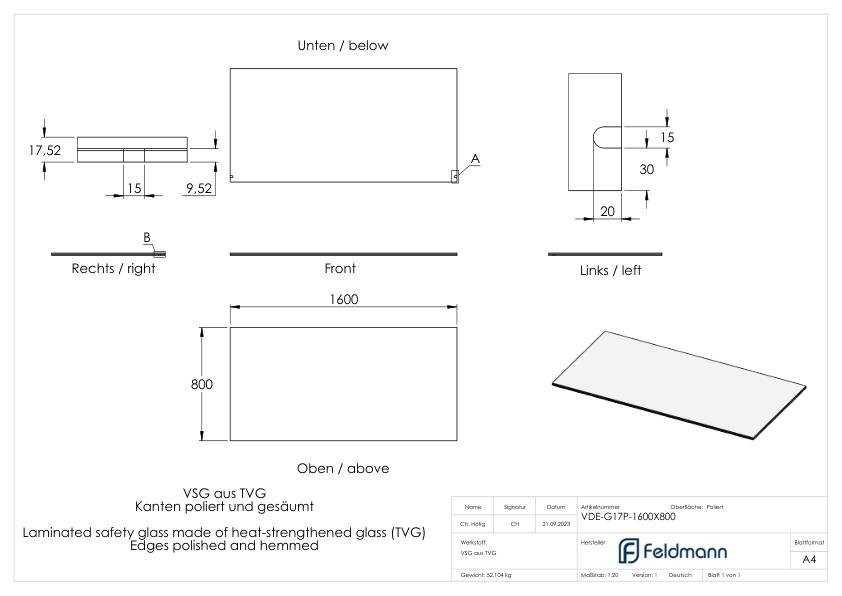 Eleganza canopy Glas: 1600x800mm VSG aus 2x8mm TVG mit 1,52mm PVB