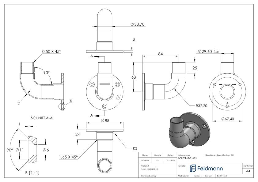 Wandhalter 90° für Rohr 33,7x2,0mm, V2A