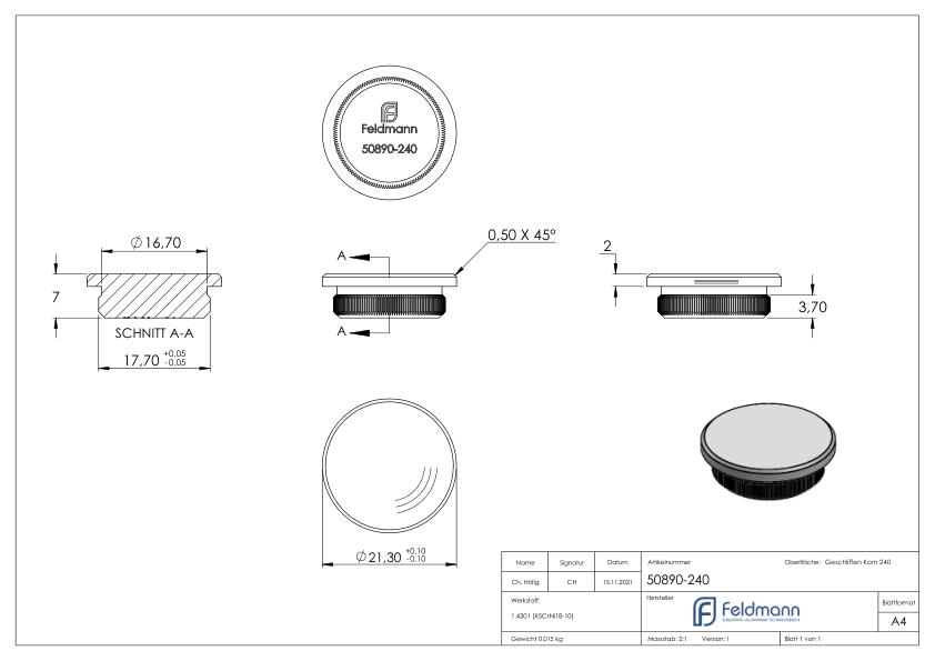 Rohrabschlussstopfen, für Rohr 21,3x2,0mm, V2A