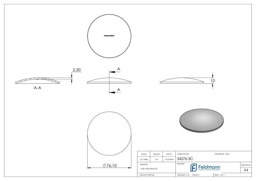 Gewölbte Schale Ø 76x2,5mm, H: 13mm, ungeschliffen, V2A