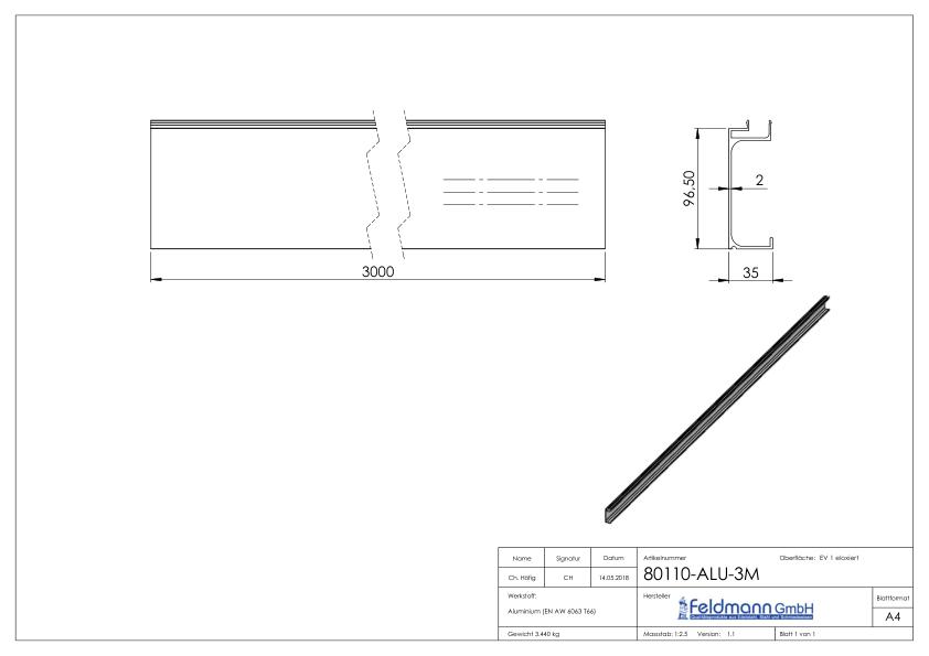 Abdeckung für Alu-Profil 80100-ALU-3M, L: 3000mm