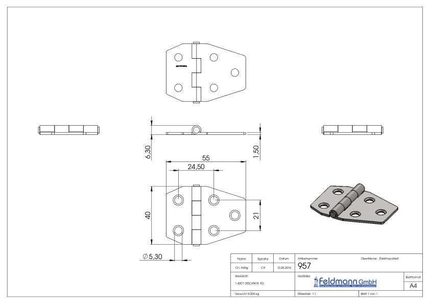 Edelstahl-Scharnier 40x55mm mit festem Zapfen