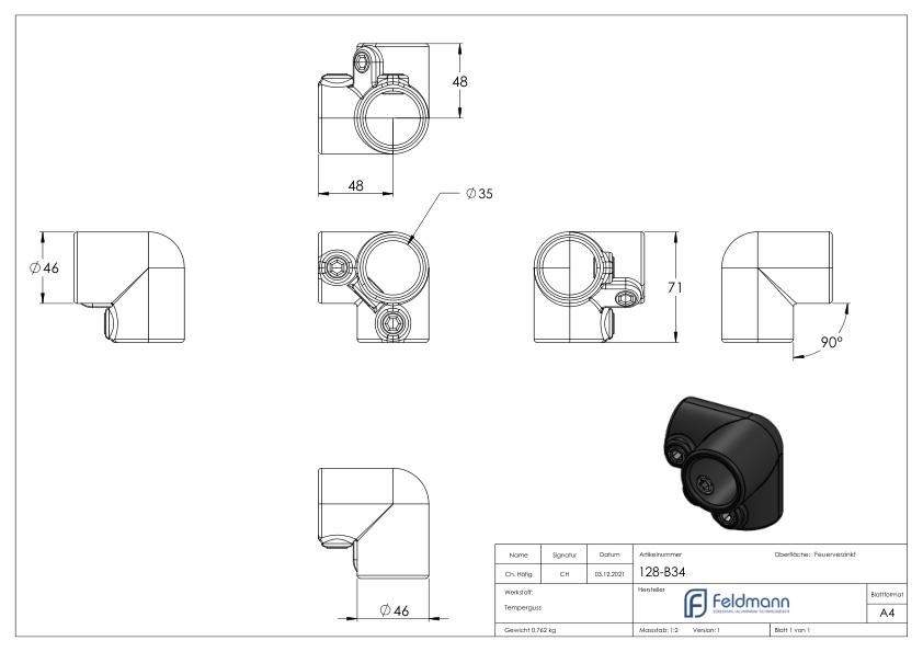 Eckstück, für Rohr Ø 33,7mm