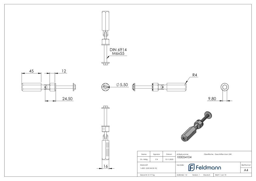 Gewindeterminal zur Selbstmontage, Seil 4mm, V2A