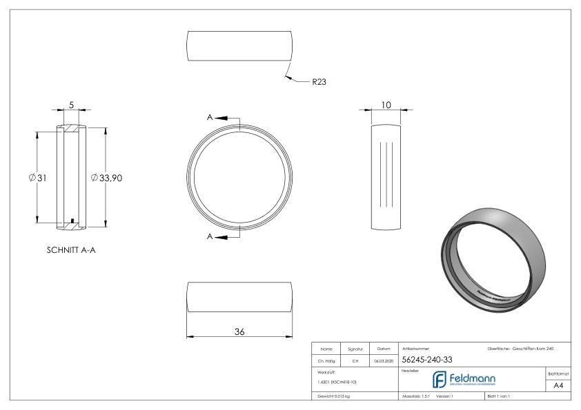 Ring für Rohr 33,7mm, V2A