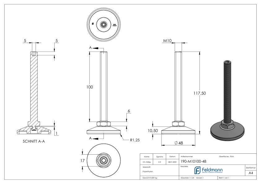 Stellfuß mit Justierschraube mit Innensechskant