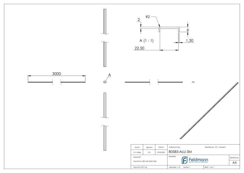 Kantenschutz EXTRA SLIM, für Glas 20,00 - 21,52mm, L: 3000mm, Aluminium E4/EV1