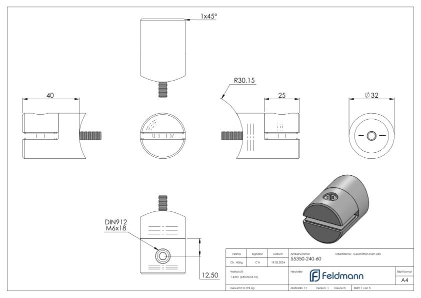 Blechhalter, Ø 32mm, Anschluss: 60,3mm, V2A