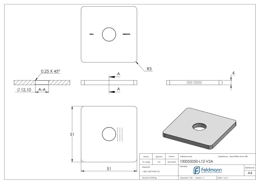 Einsteckkappe für Quadratrohr 50x50 mit Bohrung, V2A