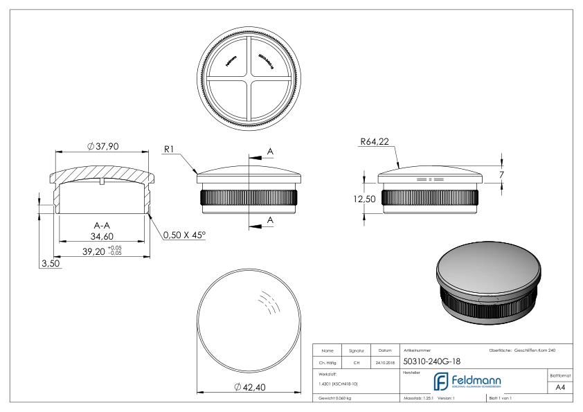 Rohrabschlussstopfen, für Rohr 42,4x1,8mm, V2A