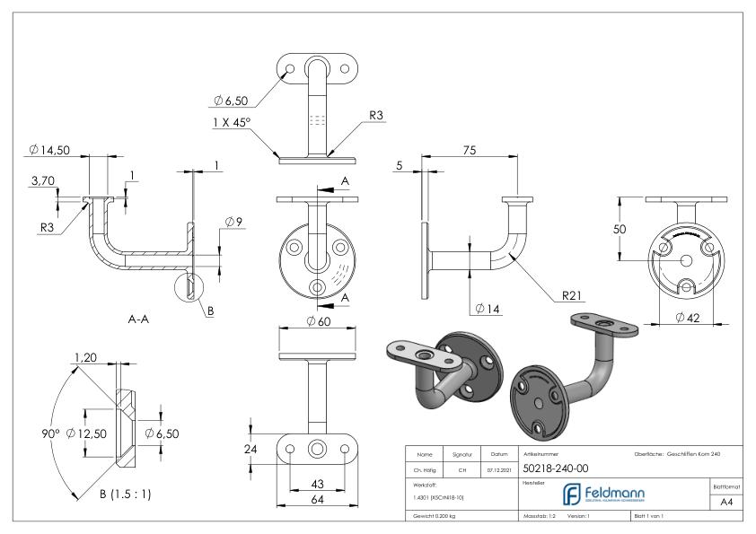 Handlaufhalter mit Kabeldurchführung für LED Handläufe, V2A