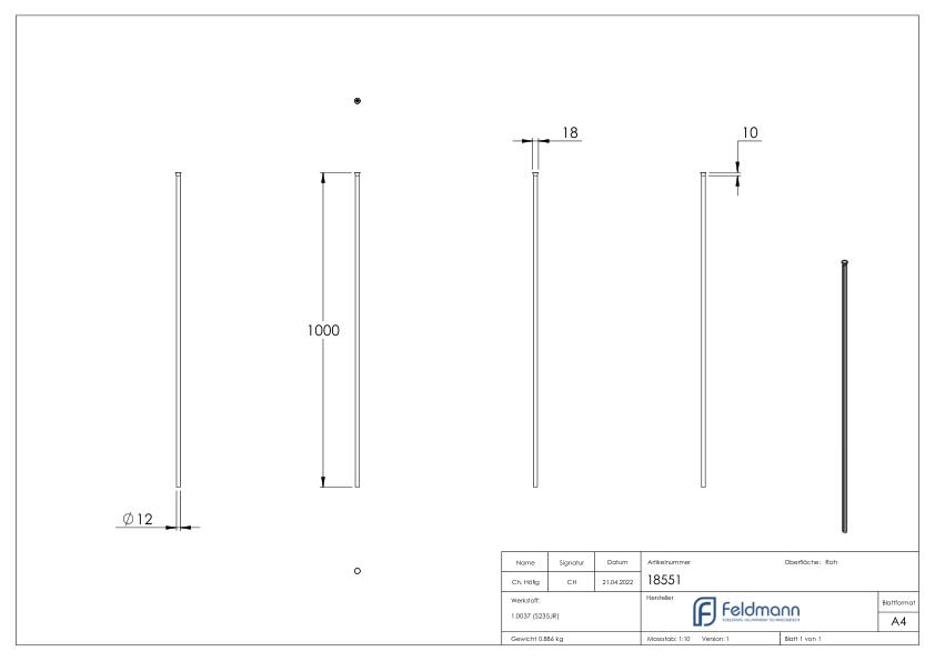Zaunstab Ø 12mm, H: 1000mm, Kopf gestaucht
