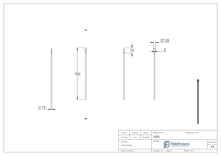 Zaunstab Ø 12mm, H: 700mm, konisch mit Zaunspitze