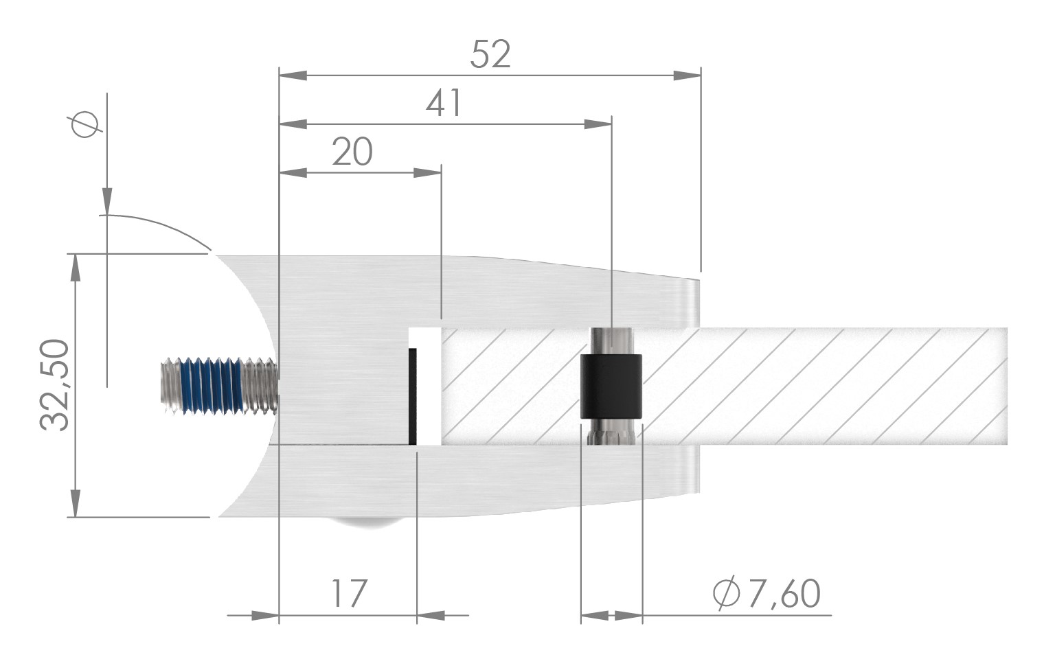 Glasklemme Mod. 34, Anschluss: 42,4mm, VA-Effekt