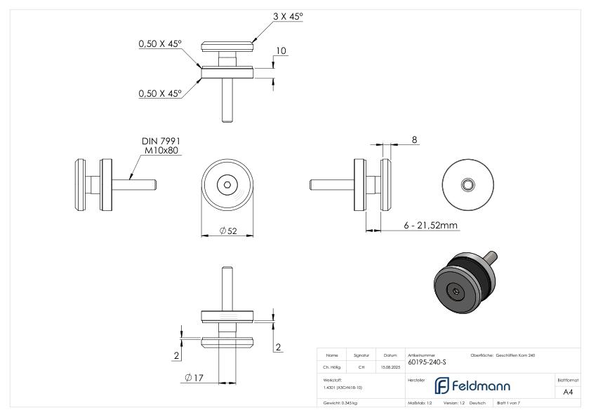 Glaspunkthalter 52mm, flach, mit Schraube, V2A