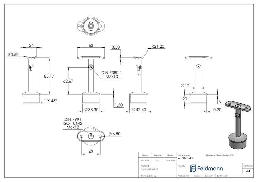 Rohrabschlussstopfen für Rohr 42,4x2,0mm, Handlaufanschlussplatte: 42,4mm, V2A