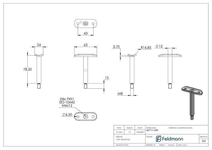 Stift Ø 12mm mit Handlaufanschlussplatte 33,7mm, V2A