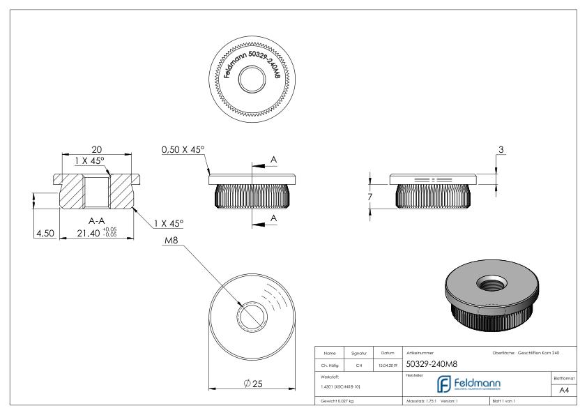 Rohrabschlussstopfen, für Rohr 25,0x2,0mm, V2A