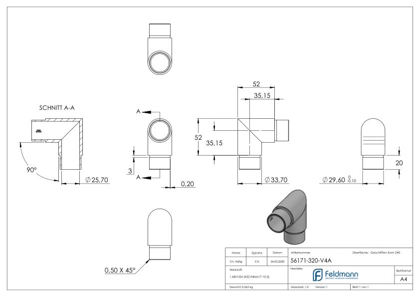 Eckstück 90°, für Rohr 33,7x2,0mm, V4A