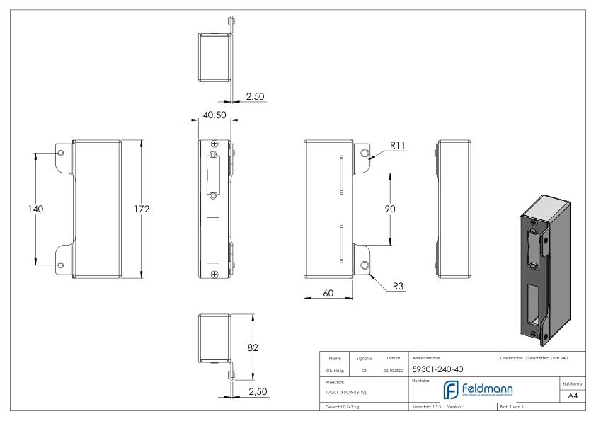 Edelstahlgegenkasten eckig, für Abstand 72mm, zum Anschweißen, 40mm, V2A