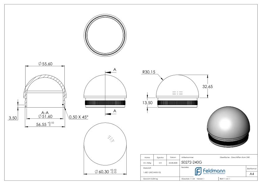 Rohrabschlussstopfen, für Rohr 60,3x2,0mm, V2A