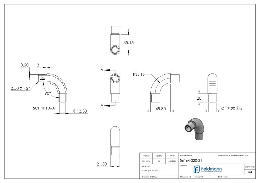 Rohrbogen 90°, für Rohr 21,3x2,0mm, V2A