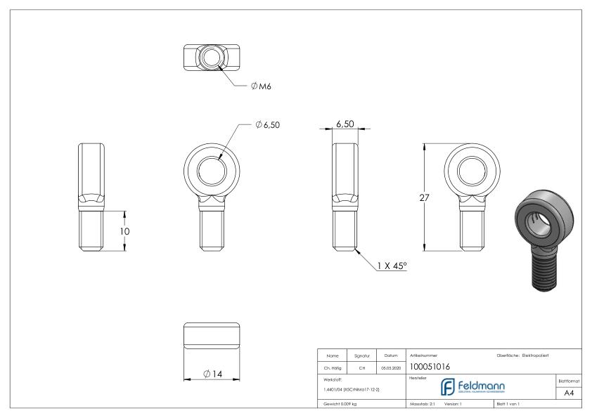 Augenenden mit Gew. M6, V4A