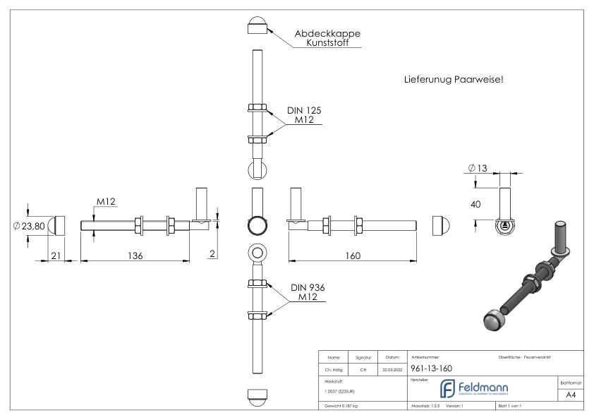 Kloben zum Durchschrauben für Ø 13mm, L: 160mm