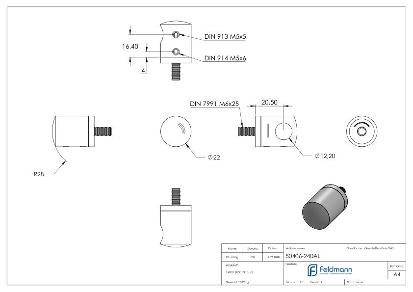 Querstabhalter für geraden Anschluss, Sackloch links 12,2mm, V2A