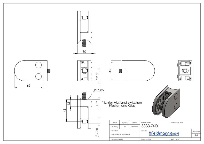 Glasklemme Mod. 33, Anschluss: 33,7mm, in Zink roh