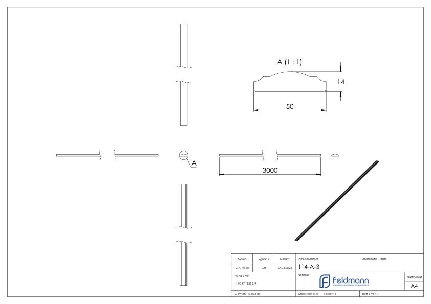 Handlauf S235JR, 50x14mm, L: 3000mm
