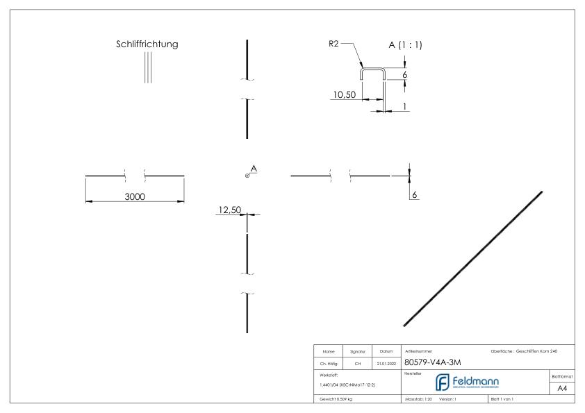 Kantenschutz EXTRA SLIM, für Glas 8,00 - 9,52mm, L: 3000mm, Edelstahl V4A