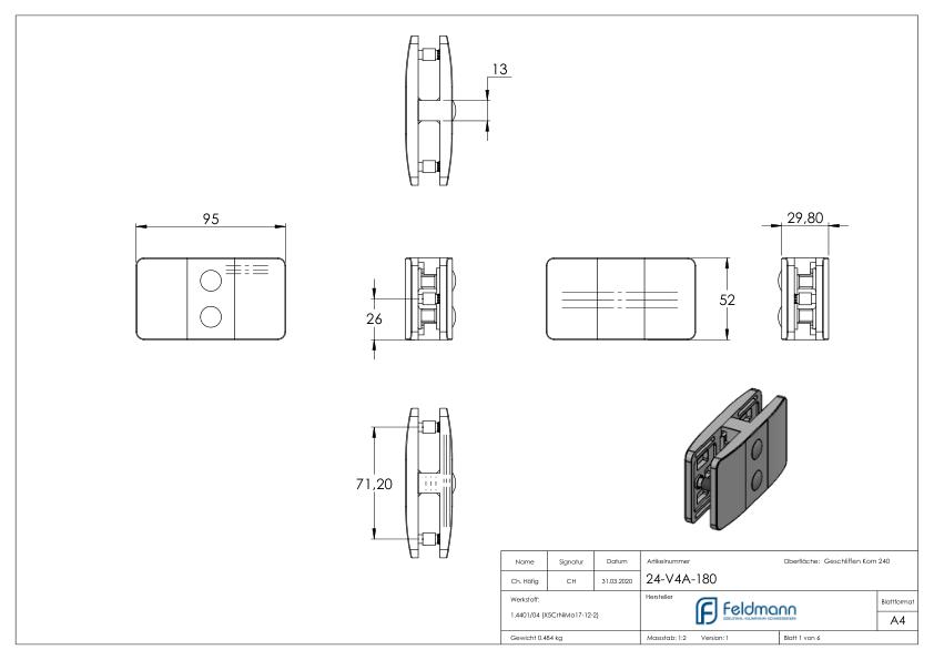 Glasklemme 180° Mod. 24, V4A Glasklemme 180° Mod. 24, V4A