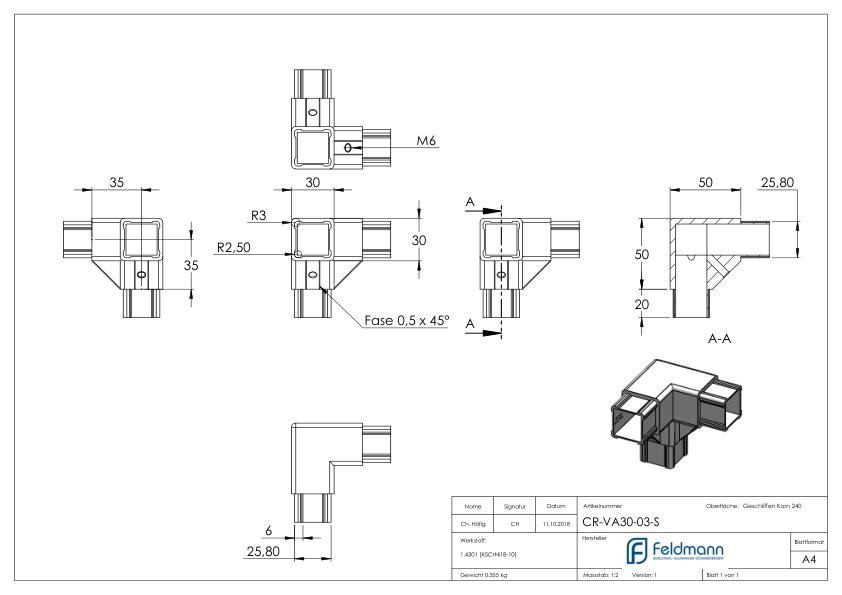 CORNECT® Ecke 90° mit Abgang, V2A CORNECT® Ecke 90° mit Abgang, V2A