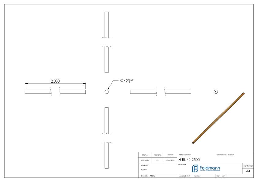 Holzhandlauf Buche, Ø 42mm, L: 2500mm