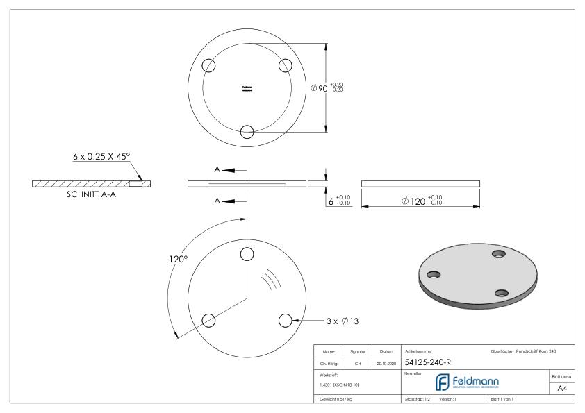 Ankerplatte Ø 120x6mm, mit Rundschliff, V2A